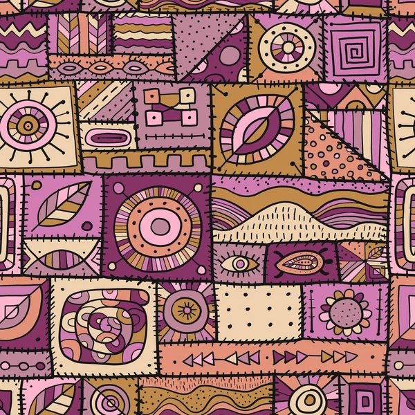 Naaide stukken stof in een patchwork stijl. Etnische Ornament voor uw ontwerp. Naadloos patroon — Stockvector