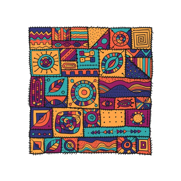 Pezzi di tessuto cuciti in stile patchwork. Ornamento etnico per il tuo design. — Vettoriale Stock