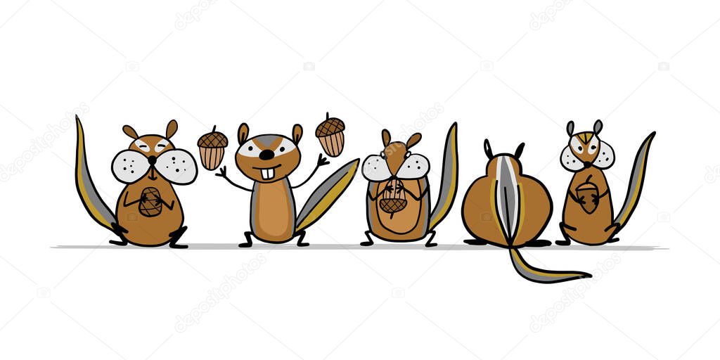 Funny Chimpank family with nuts. Ground Squirrel. Sketch for your design. Vector illustration