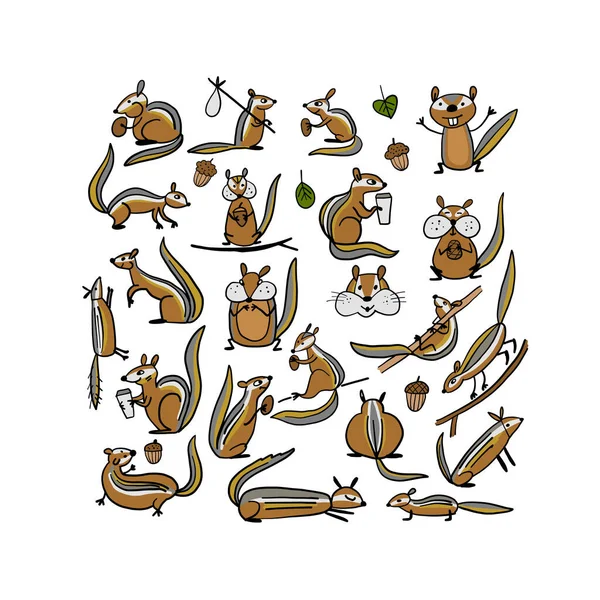 Família Chimpank engraçado com nozes. Esquilo Terrestre. Fundo para o seu projeto — Vetor de Stock