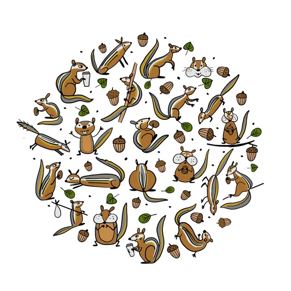 Divertida familia Chimpank con nueces. Ardilla de tierra. Antecedentes para su diseño — Archivo Imágenes Vectoriales