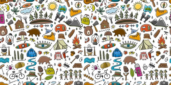 Παγκόσμια Ημέρα Τουρισμού. Δάσος και βουνό Tourist Seamless μοτίβο. Κάμπινγκ φόντο για το σχεδιασμό σας. — Διανυσματικό Αρχείο