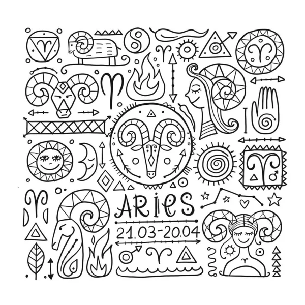 Illustration of Aries zodiac sign. Element of Fire. Design of Astrology Calendar, Horoscope, Print. — Stock Vector