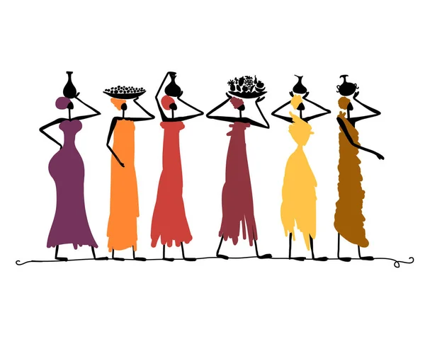 Sürahili ve yiyecekli Afrikalı kadınlar, etnik elbiseler giyiyorlar. Tasarımınız için sanat silueti — Stok Vektör