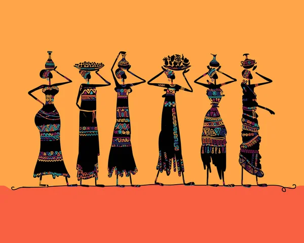 Mujeres africanas con jarras y comida, con vestidos étnicos. Silueta de arte para su diseño — Archivo Imágenes Vectoriales