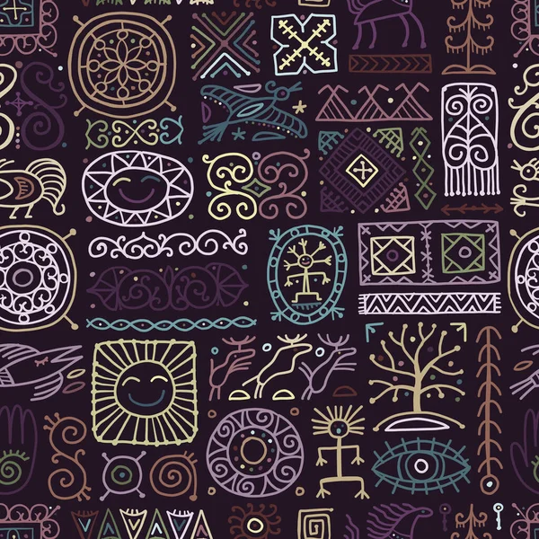 Ornamento étnico artesanal, símbolos nórdicos populares. Padrão sem costura para o seu projeto — Vetor de Stock