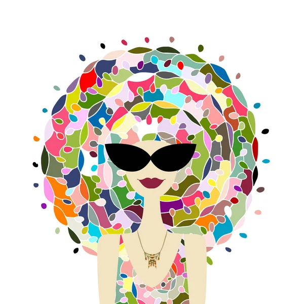 Blommigt kvinnligt porträtt, vacker kvinna i solglasögon. Design för modekort, banderoller, affischer — Stock vektor