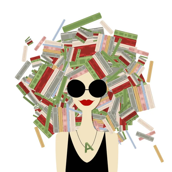 Concept de vers de bibliothèque, Portrait féminin avec des livres sur la tête, jolie femme en lunettes de soleil. Conception de cartes, bannières, affiches. Concept de bibliothèque — Image vectorielle