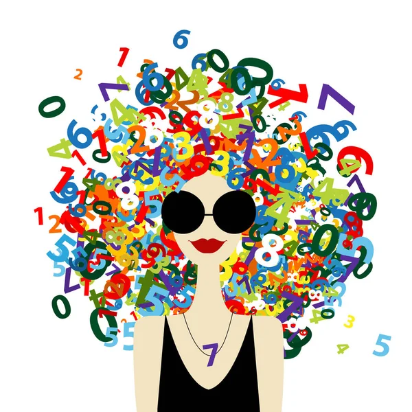 Boekhouder concept, vrouwelijk portret met cijfers op het hoofd, mooie vrouw met een zonnebril. Ontwerp voor kaarten, spandoeken, posters. Wiskundeconcept — Stockvector
