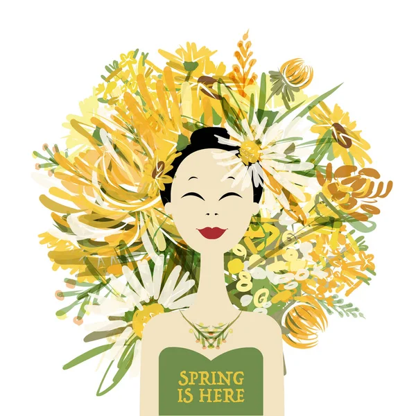 Retrato femenino floral, mujer asiática. Diseño orgánico para tarjetas de moda, pancartas, carteles. — Archivo Imágenes Vectoriales