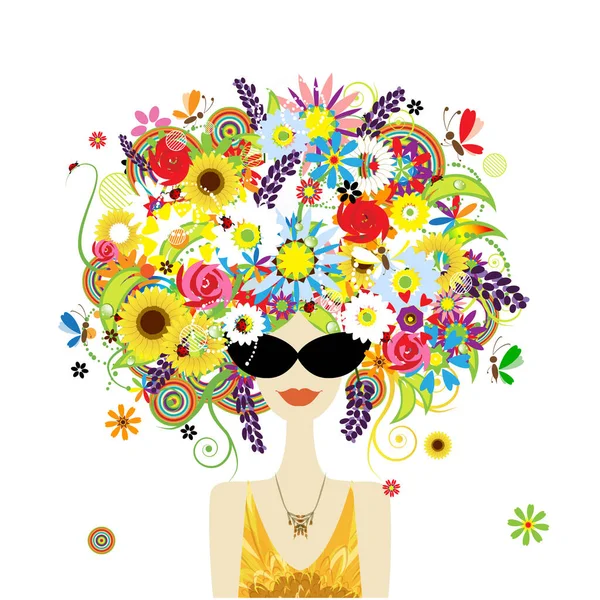 Retrato femenino floral, mujer bonita en gafas de sol. Diseño para tarjetas de moda, pancartas, carteles — Archivo Imágenes Vectoriales