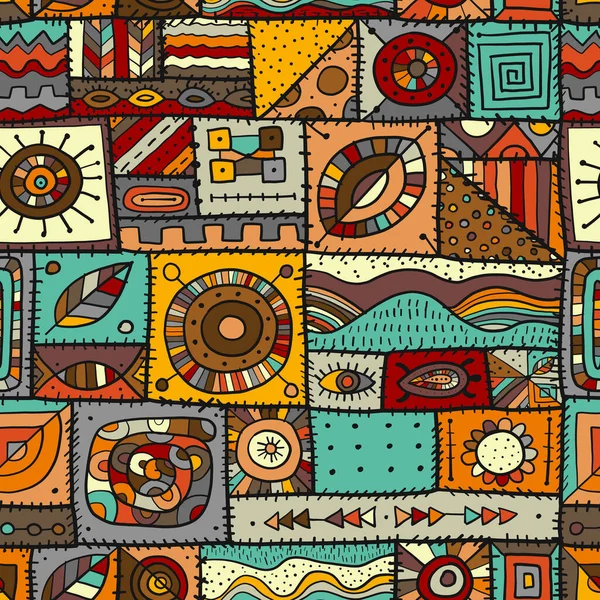 Coudre des morceaux de tissu dans un style patchwork. Ornement ethnique pour votre design. Modèle sans couture — Image vectorielle