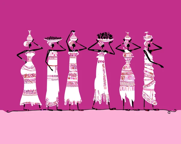 Mujeres africanas con jarras y comida, con vestidos étnicos. Silueta de arte para su diseño — Vector de stock