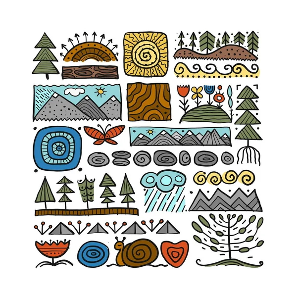 Marco de naturaleza abstracto para su diseño. Iconos del bosque y la montaña. Estilo étnico — Vector de stock