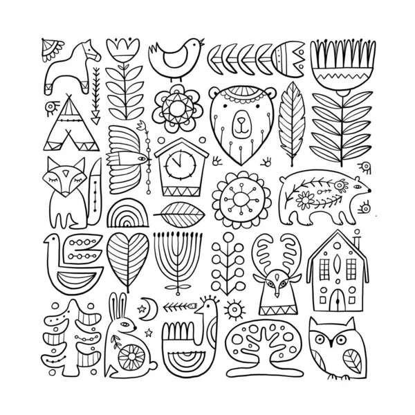 Diseño de tarjetas con adorno nórdico. Animales del bosque, Fondo folclórico — Vector de stock
