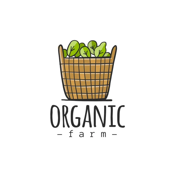 Logo de ferme biologique design. Panier avec des légumes verts. Concept d'écologie verte — Image vectorielle