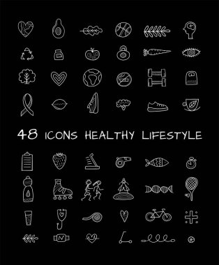 Dünya Sağlık Günü. Sağlıklı yaşam tarzı için 48 simge tasarımı