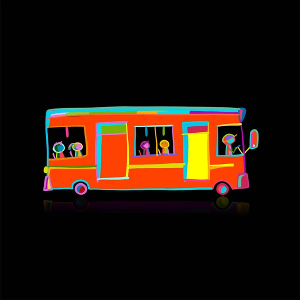 Sevimli çizgi film el çizimi kırmızı otobüs ikonu, şehir ulaşımı. Tasarımınız için çizim — Stok Vektör