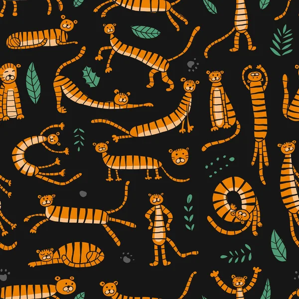 Collection of tigers and tropical leaves. Seamless Pattern for your design — Stock Vector