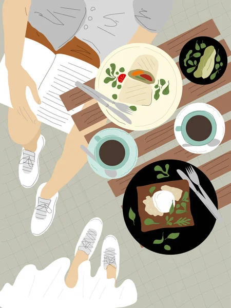 早餐时间插图。新鲜食物和扁平的饮品 — 图库矢量图片