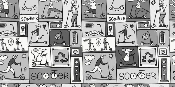 Scooter Comics Background. Ecologico Concetto di trasporto verde. Modello senza cuciture per il vostro disegno. Colore scala di grigi — Vettoriale Stock