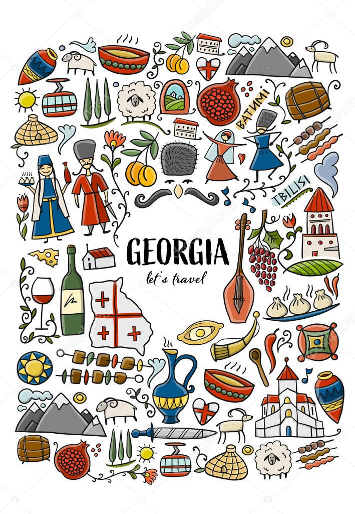 Georgia Country. Travel Background. Collection of design elements - food, places and dancing people. Vectrical Print for poster, t-shirts etc.