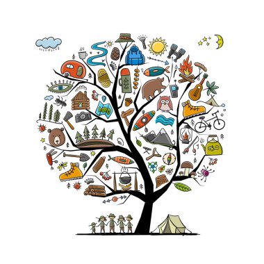 Dünya Turizm Günü. Orman ve Dağ Turizmi. Tasarımınız için Kamp Sanat Ağacı.