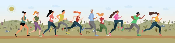 Un grupo de atletas corriendo en el parque — Vector de stock