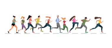 Bir grup sporcu koşuyor. Beyazda izole edilmiş