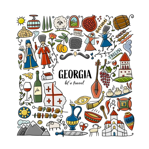 Georgien. Reisehintergrund. Sammlung von Designelementen - Essen, Orte und tanzende Menschen — Stockvektor