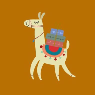 Şirin alpaka karakteri. Bavullu komik lama. Tasarımınız için çizgi film