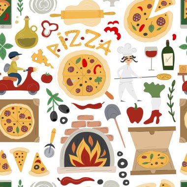Pizzeria Kusursuz Desenli Arkaplan. Pizza Yapım ve Teslimat tasarım elementleri