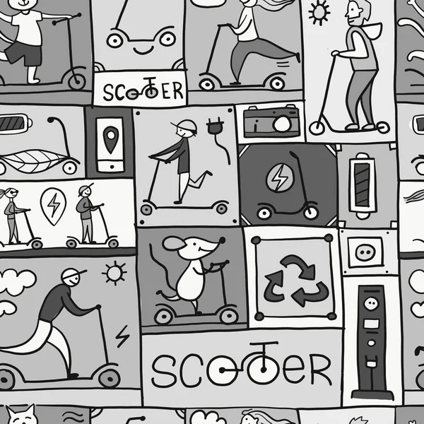 Scooter Comics Background. Ekologický koncept ekologické dopravy. Bezproblémový vzor pro váš design. Barva ve stupních šedi — Stockový vektor