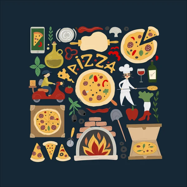 Pizzería. Conjunto de elementos de diseño para su diseño — Vector de stock