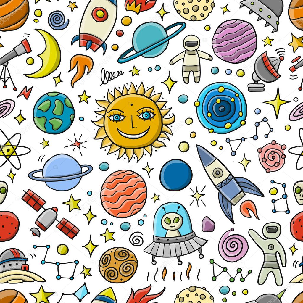 Space Background. Planets of the solar system. Rockets and astronauts. Seamless Pattern for your design
