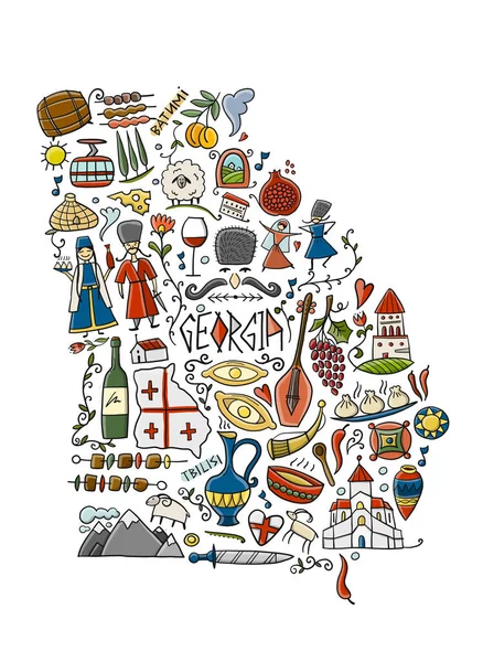 Mapa del país de Georgia. Fondo de viaje. Colección de elementos de diseño - comida, lugares y gente bailando. Impresión Vectrical para cartel, camisetas, etc.. — Archivo Imágenes Vectoriales