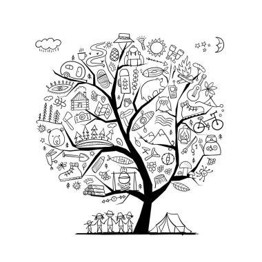 Dünya Turizm Günü. Orman ve Dağ Turizmi. Kamp Sanat Ağacı senin tasarımın için. Renk sayfası