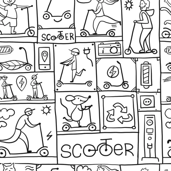 Scooter漫画背景。生态绿色交通概念。无缝图案为您的设计。着色页 — 图库矢量图片