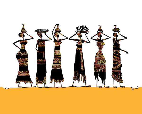 Mujeres africanas con jarras y comida, con vestidos étnicos. Silueta de arte para su diseño — Vector de stock