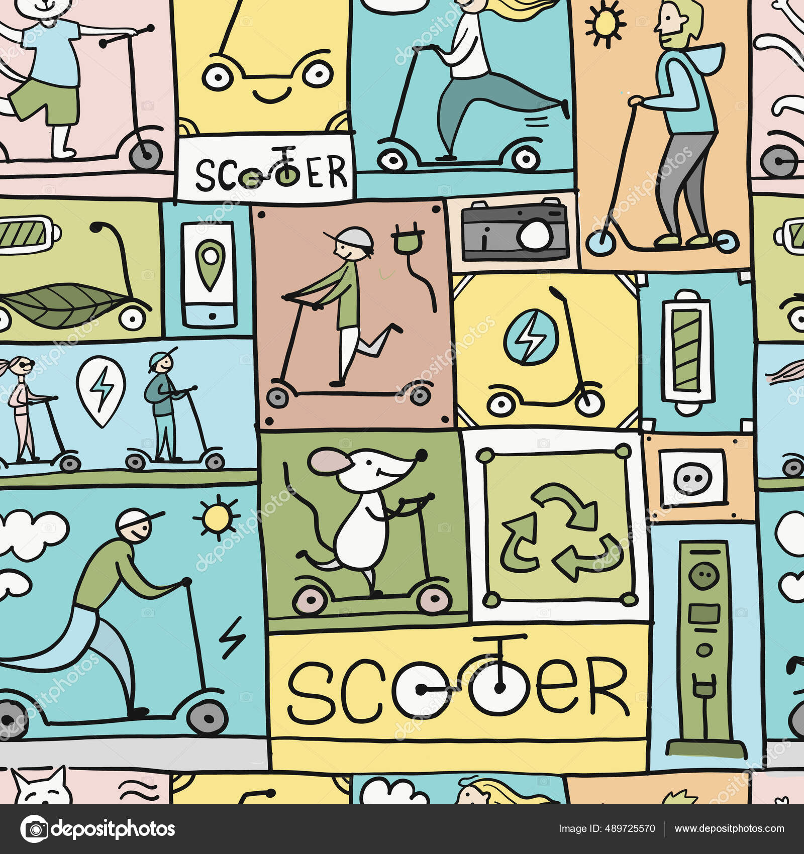 Scooter Comics Background. Ecological Green transport concept. Seamless