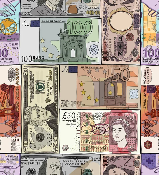 Peněžní bankovky z různých zemí. Americký dolar, britská libra šterlinků, japonský juan, ruský rubl, švýcarský frank, euro. Ručně kreslený náčrt. Bezešvé vzor pozadí — Stockový vektor