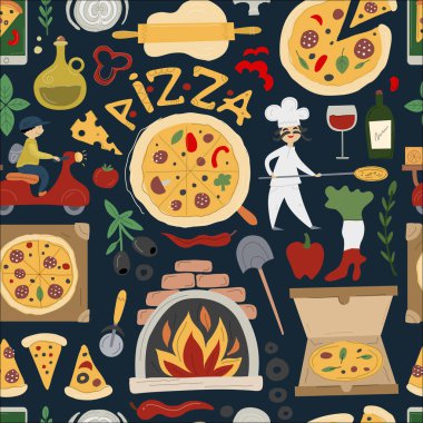 Pizzeria Kusursuz Desenli Arkaplan. Pizza Yapım ve Teslimat tasarım elementleri