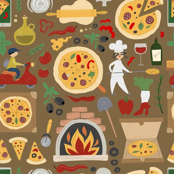 Pizzeria Seamless Pattern Ιστορικό. Πίτσα Μάρκα και στοιχεία σχεδιασμού παράδοσης — Διανυσματικό Αρχείο