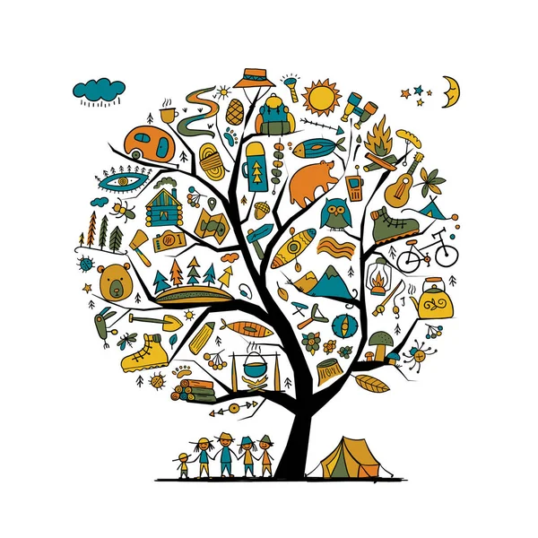 Παγκόσμια Ημέρα Τουρισμού. Σχέδιο Δασικού και Ορεινού Τουρισμού. Κάμπινγκ δέντρο τέχνης για το σχεδιασμό σας. — Διανυσματικό Αρχείο