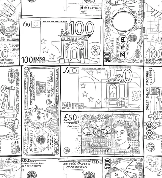 Money banknotes of different countries. US dollar, British pound sterling, Japanese yuan, Russian ruble, Swiss franc, Euro. Hand drawn sketch for colouring. Seamless pattern background — Stock Vector