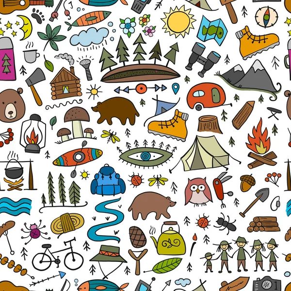 Día Mundial del Turismo. Bosque y montaña Patrón sin fisuras turísticas. Antecedentes del camping para su diseño. — Vector de stock