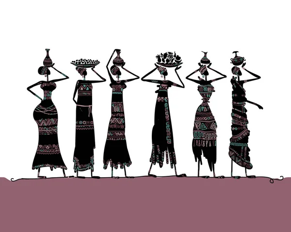 Mujeres africanas con jarras y comida, con vestidos étnicos. Silueta de arte para su diseño — Vector de stock