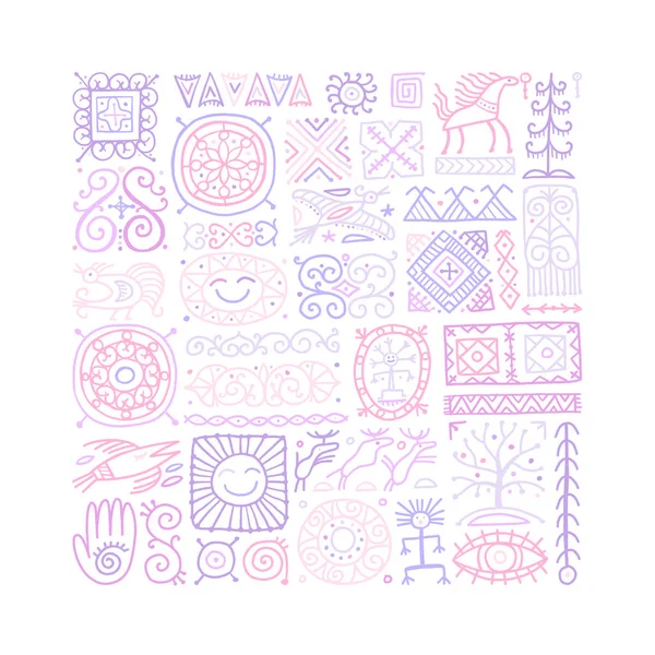 Etnisk handgjord prydnad, Folknordiska symboler. Konst bakgrund för din design — Stock vektor