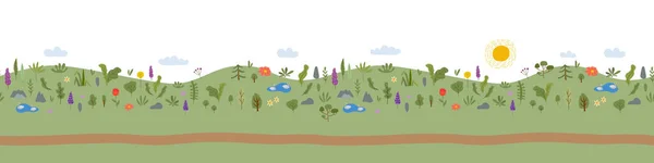 花と夏の牧草地。デザインの水平シームレスな背景 — ストックベクタ