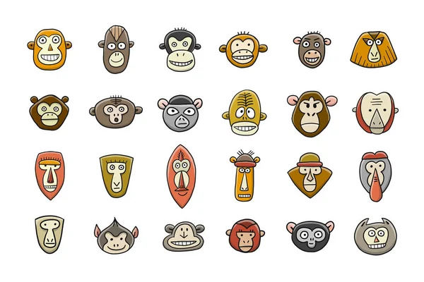 Funny monkey faces, icon collection. Sketch for your design. Childish style — Stock Vector